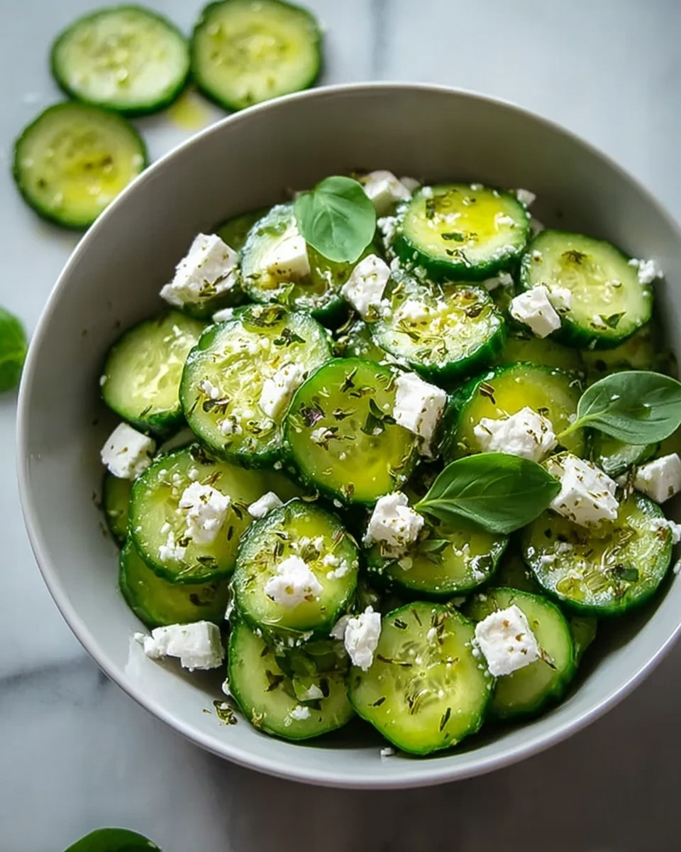 A white bowl filled with a fresh cucumber salad, featuring two main layers: thick slices of bright green cucumber with their skin on forming the base, and irregular chunks of white feta cheese scattered on top. The cucumbers have a slightly shiny texture from the light olive oil drizzled over them, while the feta cheese adds a crumbly texture. The salad is sprinkled with black pepper and small bits of green herbs, with a few parsley leaves adding a touch of deeper green color on top. Some cucumber slices with cheese and herbs lie beside the bowl on a dark surface, contrasting with the white marbled texture background. Photo taken with an iphone --ar 4:5 --v 7