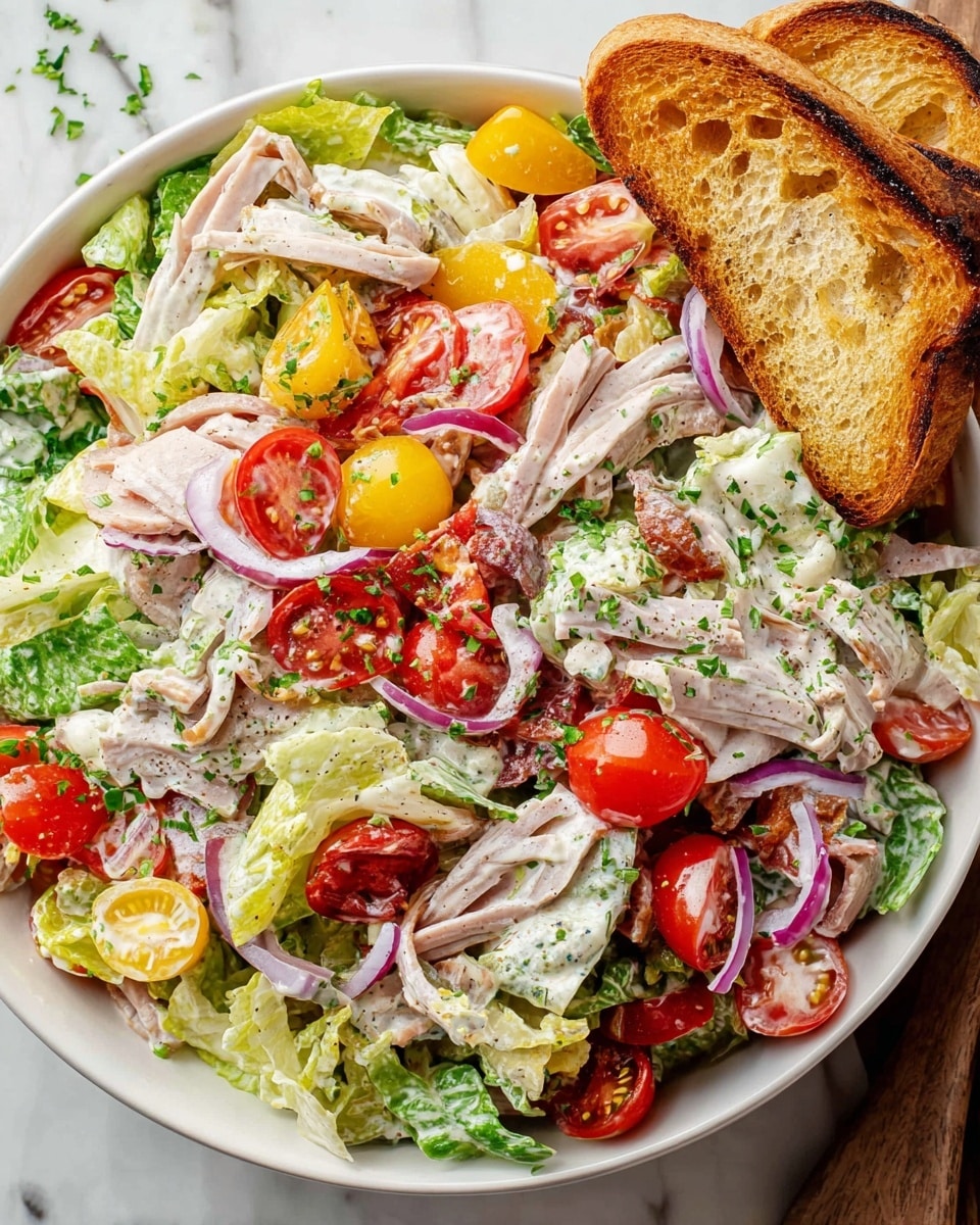 A white bowl is filled with a colorful salad that has multiple layers, starting with a base of green lettuce leaves. On top, there are many halved cherry tomatoes showing their bright red color mixed with thin white slices of cheese, pale strips of turkey or ham, purple onion slices, and pieces of yellow pepper. The salad is covered lightly with a creamy white dressing and sprinkled with green herbs. Two toasted light brown bread slices rest on the side inside the bowl. The scene is set on a white marbled surface, giving it a clean and fresh look. photo taken with an iphone --ar 4:5 --v 7