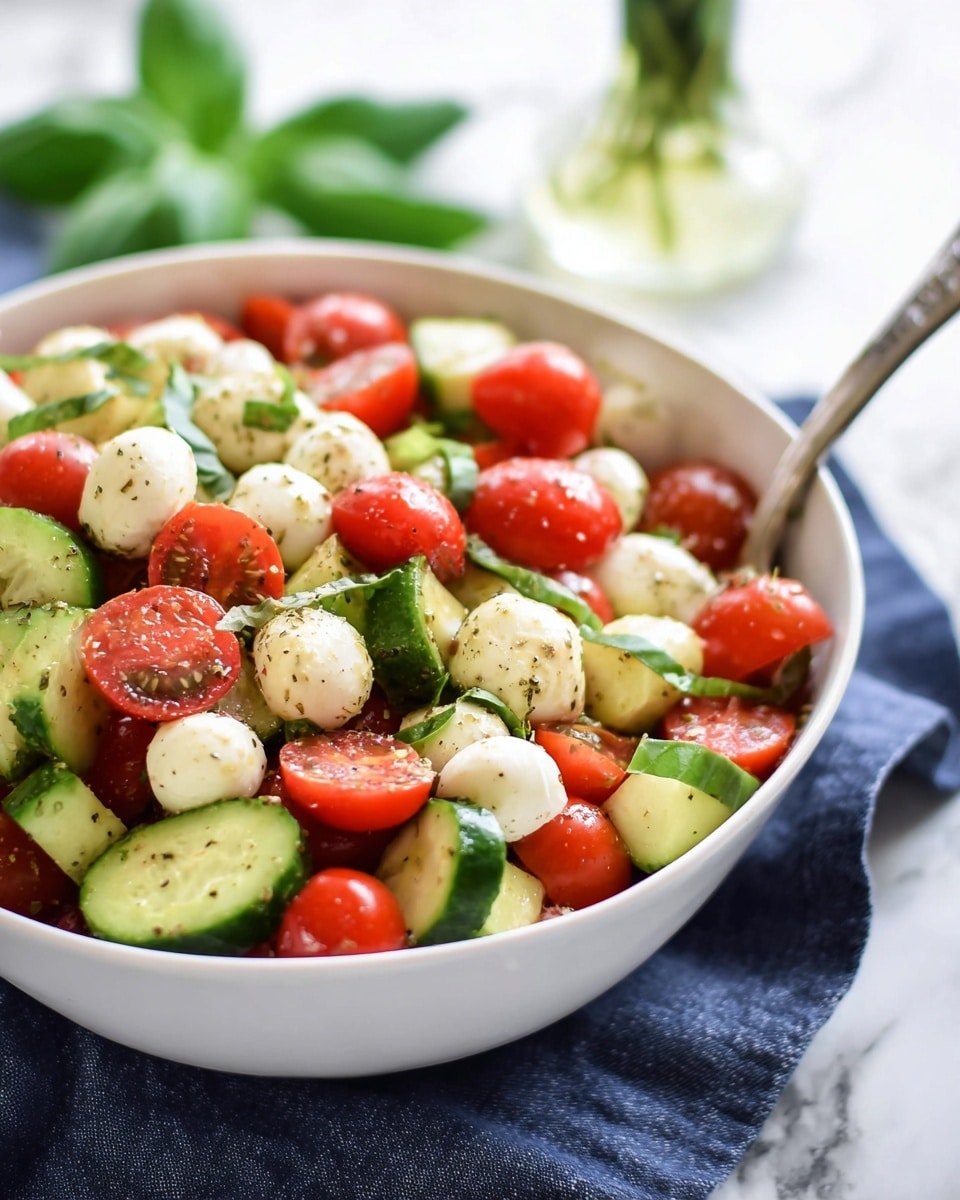 A white textured bowl filled with a fresh salad showing three main layers: small round white mozzarella balls, bright red cherry tomatoes, and green cucumber pieces cut into chunks, all mixed together with scattered green basil leaves and sprinkled with cracked black pepper on top, sitting on a white marbled surface with a blurred glass bottle of dressing and green basil leaves in the background, a silver spoon placed inside the bowl. photo taken with an iphone --ar 4:5 --v 7