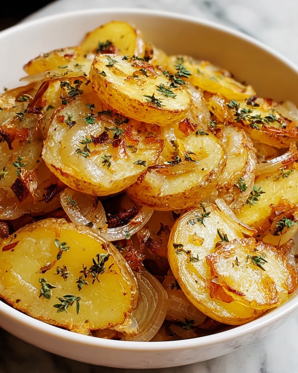 The image shows a close-up of a white bowl filled with sliced, roasted potatoes mixed with soft, caramelized onions. The potato slices have a golden-brown crust on their edges and a glossy, cooked texture, with small pieces of green herbs sprinkled over for garnish. The onions are transparent with browned edges, scattered throughout the bowl, adding color and texture contrast to the yellowish potatoes. The bowl is placed on a white marbled surface. photo taken with an iphone --ar 4:5 --v 7