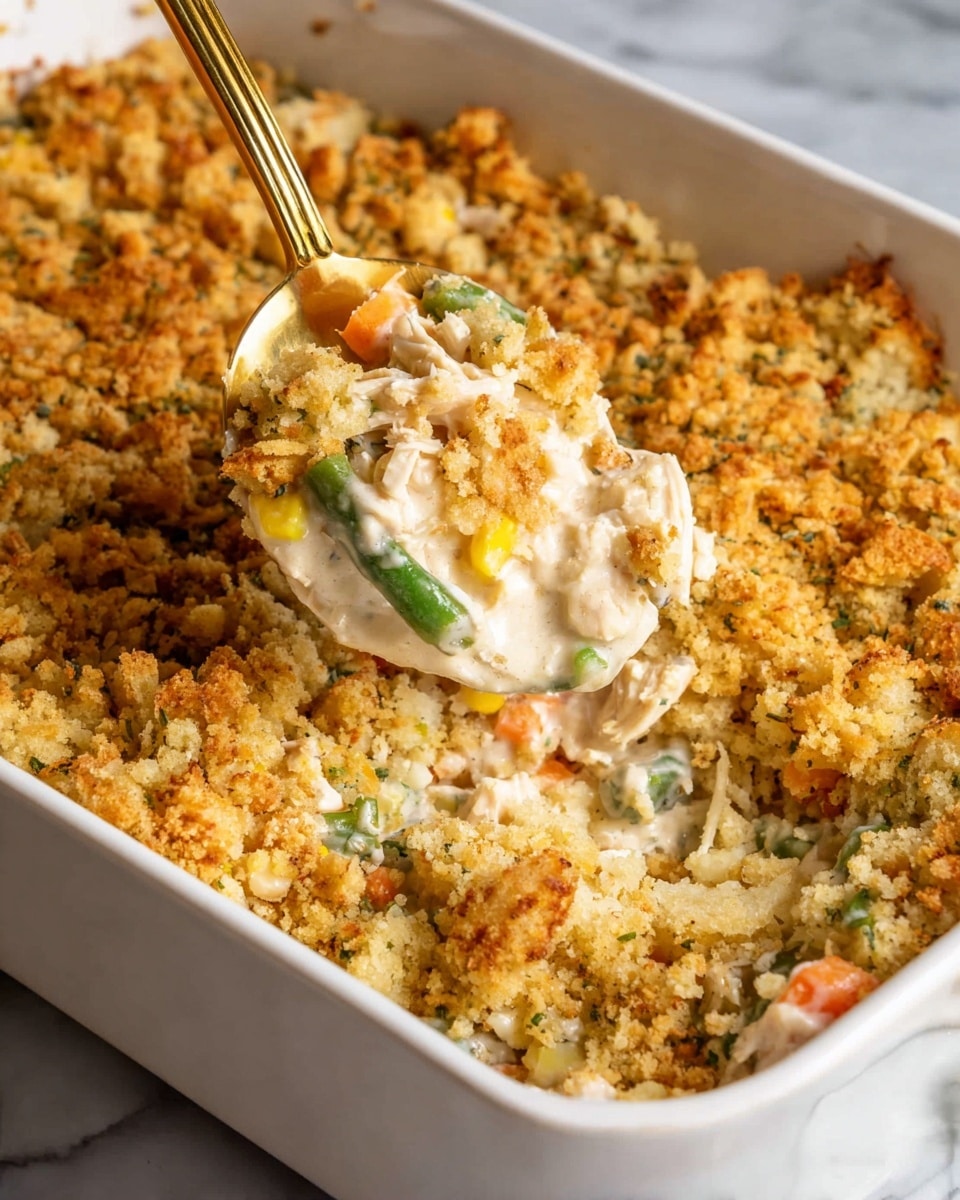 A close-up view of a white baking dish filled with a layered casserole. The top layer is a golden-brown crumbly crust made of seasoned bread crumbs mixed with herbs, giving it a rough texture. Underneath the crispy top, there is a creamy, thick sauce layer with soft chunks of white chicken meat and mixed vegetables like bright green beans, yellow corn, and orange carrots, all coated in the smooth white sauce. A golden spoon is scooping into the casserole, lifting some of the moist layers, showing the contrast between the crunchy top and the creamy filling beneath. The background has a white marbled texture. Photo taken with an iphone --ar 4:5 --v 7