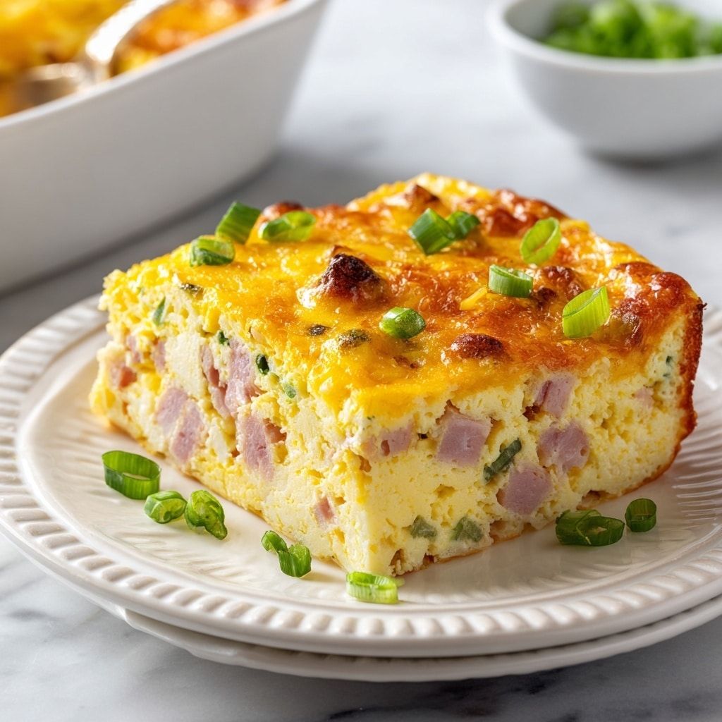 A close-up view of a square slice of breakfast casserole being lifted from a white baking dish with a spatula. The casserole has three visible layers: the bottom is a chunky, golden-brown layer with bits of ham or sausage; the middle is a pale yellow, soft egg layer mixed with small pieces of meat; the top layer is melted golden-orange cheese with scattered green onion slices for garnish. The baking dish sits on a wooden board, and the background shows a white marbled surface. photo taken with an iphone --ar 4:5 --v 7
