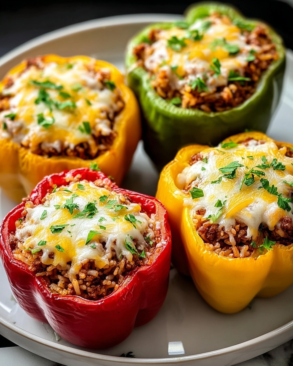 Four stuffed bell peppers sit on a white plate, each pepper hollowed and filled with layers of cooked ground meat mixed with rice, topped with melted yellow and white cheese and chopped green herbs. Two peppers in front are red, and two peppers behind are yellow and green. The filling is packed full and slightly overflowing in some peppers, showing the rice and meat mixture texture, with the cheese layer melted smoothly on top. The plate rests on a white marbled surface. photo taken with an iphone --ar 4:5 --v 7