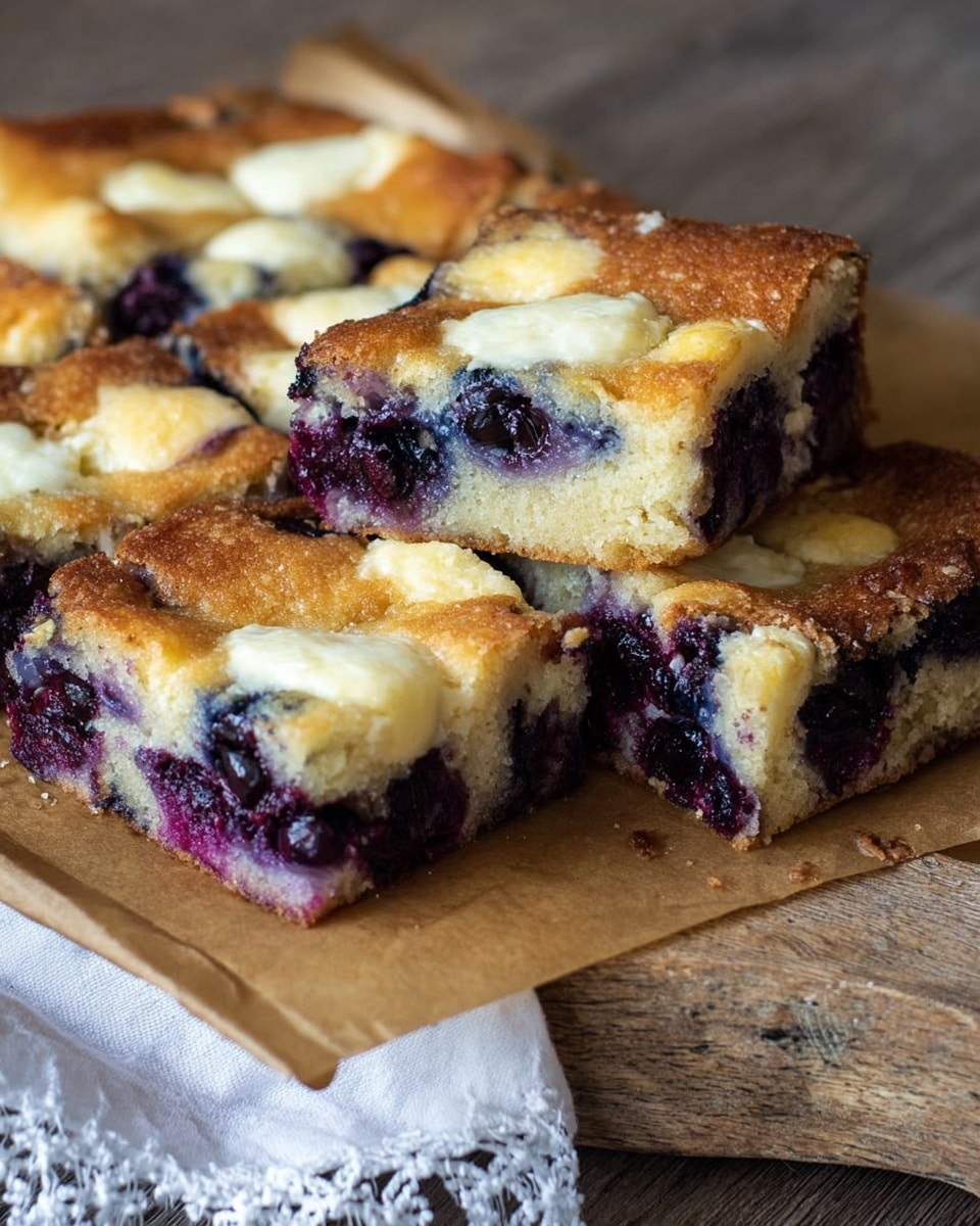 The image shows several pieces of a baked cake cut into squares, placed on brown parchment paper on a wooden surface. The cake has two visible layers: a bottom layer with dark purple and juicy blueberries, and a top layer that is golden brown with scattered patches of creamy white cheese or cream. The cake texture looks moist and crumbly, with the blueberries slightly oozing out. A white cloth with lace edges is partially visible in the front. The photo is taken with an iphone --ar 4:5 --v 7