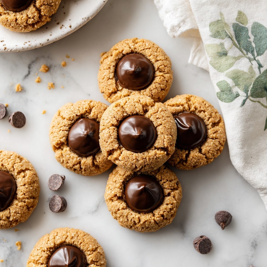 The image shows a group of round peanut butter cookies, each topped with a thick, smooth dark chocolate kiss placed in the center. The cookies have a textured, slightly cracked surface with a warm golden-brown color, indicating they are soft and chewy. They rest directly on a white marbled surface with a few scattered chocolate chips and cookie crumbs around, adding a casual, homemade feel. Part of a white plate partially visible in the top left corner holds some of the cookies, and a white cloth with a subtle leafy pattern peeks out from under the plate. The photo taken with an iphone --ar 4:5 --v 7