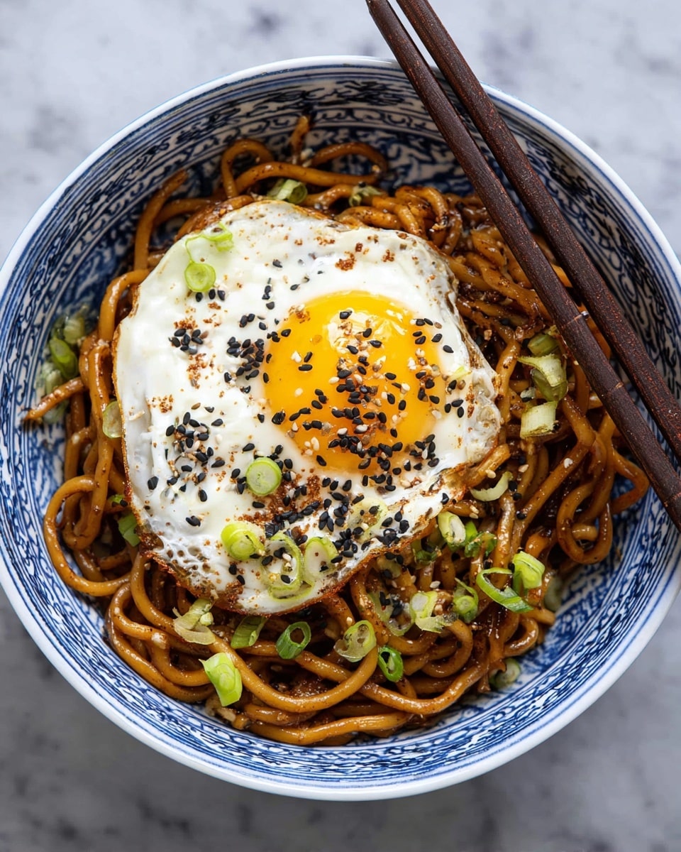 A white bowl with blue patterns contains thick, brown noodles covered in a shiny sauce and sprinkled with sesame seeds and green spring onion slices. On top of the noodles rests a fried egg with a bright yellow, slightly runny yolk, and whites with a few crispy edges, garnished with black sesame seeds and more spring onion. Two dark wooden chopsticks rest across the bowl's edge. The bowl is set on a white marbled surface. Photo taken with an iphone --ar 4:5 --v 7