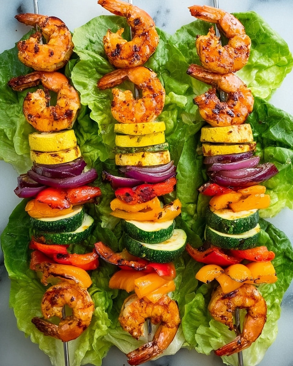 Three grilled shrimp skewers rest on large green lettuce leaves, placed on a white marbled surface. Each skewer has multiple layers: orange shrimp with char marks, alternating with slices of green zucchini, yellow squash, red bell pepper, orange bell pepper, and purple onion. The shrimp are plump and reddish-orange, while the vegetables are vibrant and slightly charred. The arrangement showcases the colorful layers clearly, with the lettuce leaves adding fresh green contrast. Photo taken with an iphone --ar 4:5 --v 7
