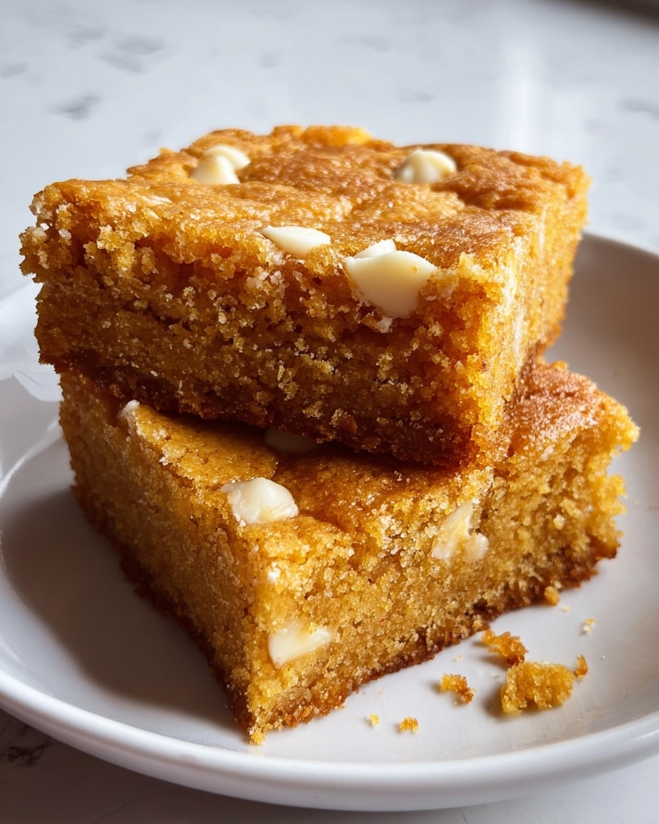 Two square slices of soft, golden-brown cake with a dense and moist texture sit on a white plate placed on a white marbled surface. The cake has a slightly crisp top layer with small, evenly spaced white chips embedded throughout, creating a contrast of creamy white and warm brown colors. The sides reveal a crumbly, textured interior with white chips dispersed inside. There are a few crumbs scattered on the plate near the cake. Photo taken with an iphone --ar 4:5 --v 7