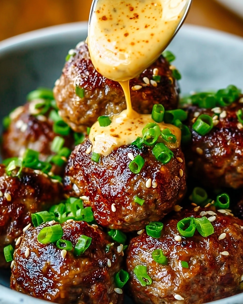 A close-up of several browned meatballs with a shiny, slightly crispy outer layer piled in a white bowl, each meatball sprinkled generously with bright green chopped scallions and tiny tan sesame seeds. A spoon with a creamy, light orange sauce flecked with spices is pouring the sauce over the top meatball, adding a smooth, glossy contrast to the texture of the meatballs. The background has a white marbled texture, highlighting the vibrant colors and textures of the dish. Photo taken with an iphone --ar 4:5 --v 7