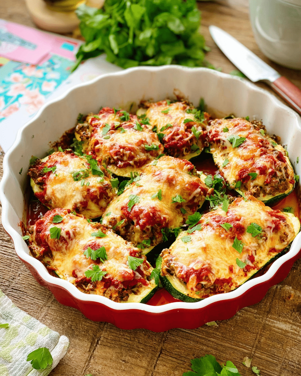 A white round baking dish with scalloped edges holds eight stuffed zucchini pieces evenly placed inside. Each zucchini is cut in half lengthwise and filled with a mixture of brown cooked ingredients, topped with a chunky red tomato sauce, and covered with melted golden-brown cheese that has bubbles and slight browning on the surface. Bright green parsley leaves are scattered on top for garnish. The dish is sitting on a wooden textured table, with a blurred background that includes green leafy herbs, a knife, and a colorful paper. photo taken with an iphone --ar 4:5 --v 7