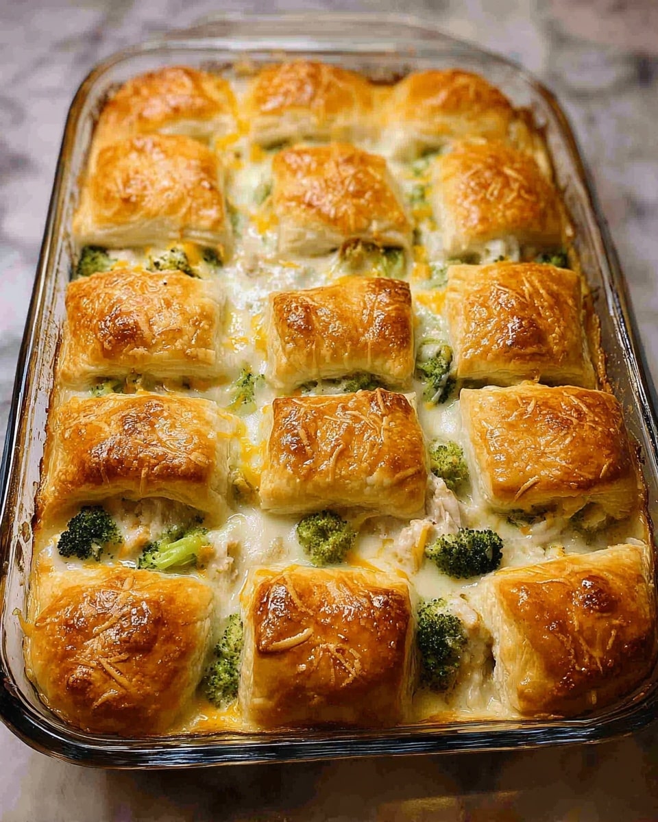 A glass baking dish filled with a baked casserole showing 15 puff pastry pockets arranged in three rows. Each pocket has a golden brown, flaky, and slightly shiny top layer with light browned spots. Below the pastry layer, there is a creamy sauce with melted cheese bubbling around the edges. Inside and partly visible in the spaces between the pockets are pieces of green broccoli florets and some white chicken chunks. The dish is placed on a shiny white marbled surface. photo taken with an iphone --ar 4:5 --v 7