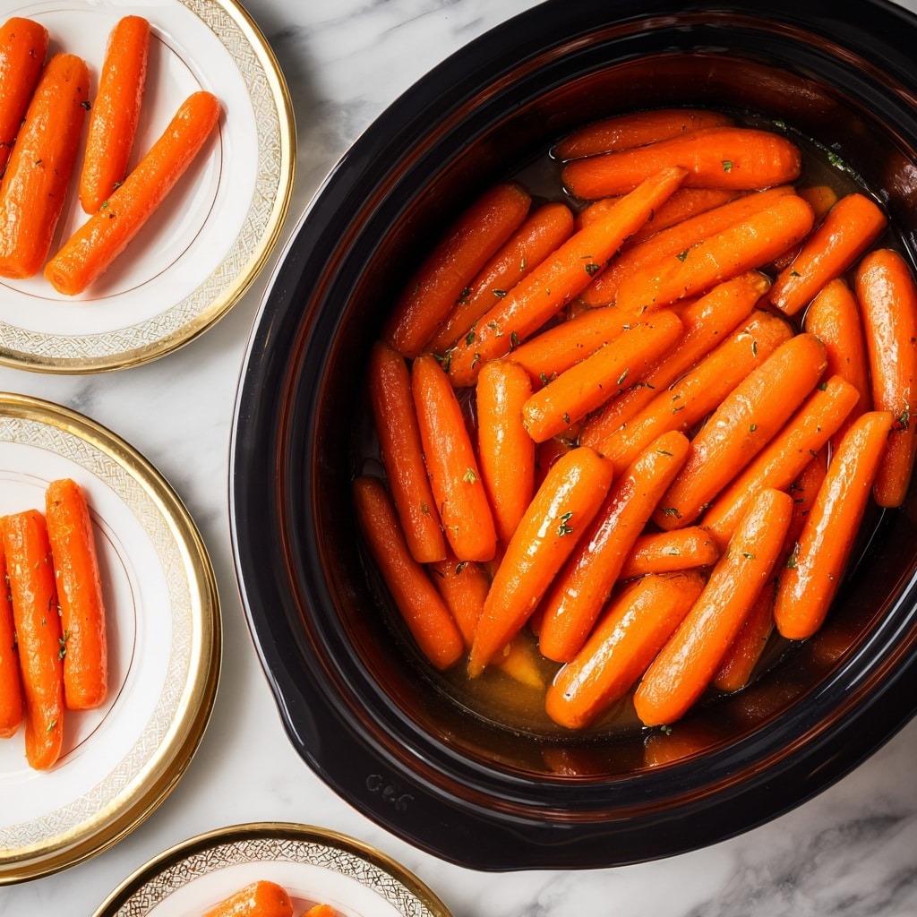 Inside a black slow cooker, there is a single layer of shiny, cooked baby carrots that are orange with a slightly glazed texture. Each carrot appears smooth with a bit of a glossy finish, some showing tiny bits of herbs or seasoning on top. The black pot contrasts with the bright carrots, and to the side, there are white plates with gold rims holding a few more cooked carrots, all set on a white marbled textured surface. photo taken with an iphone --ar 4:5 --v 7