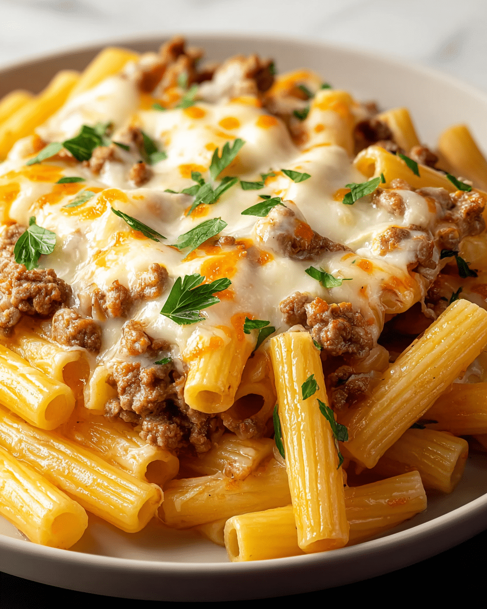 This close-up image shows a layered pasta dish in a white plate, placed on a white marbled surface. The first layer consists of yellow penne pasta sticks with a slight shine, tightly packed. The second layer is made up of cooked ground meat in small, crumbly chunks, scattered evenly among the pasta. The third layer is white melted cheese that sits smoothly atop the meat and pasta, with some small orange bits underneath the cheese. The dish is garnished with small, bright green chopped parsley leaves scattered on top, adding color contrast. Photo taken with an iphone --ar 4:5 --v 7