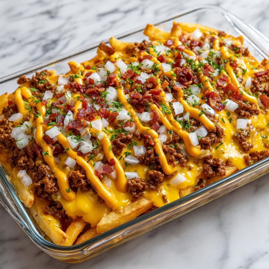 A white rectangular dish filled with thick, golden-brown fries forms the base layer. On top, there is a layer of browned ground meat mixed with small bits of red pepper. The third layer is melted yellow cheese covering the meat and fries evenly. Drizzled in even stripes over the cheese is a creamy, orange sauce. The dish is finished with a sprinkle of finely chopped green herbs spread over everything. The dish sits on a white marbled surface. photo taken with an iphone --ar 4:5 --v 7