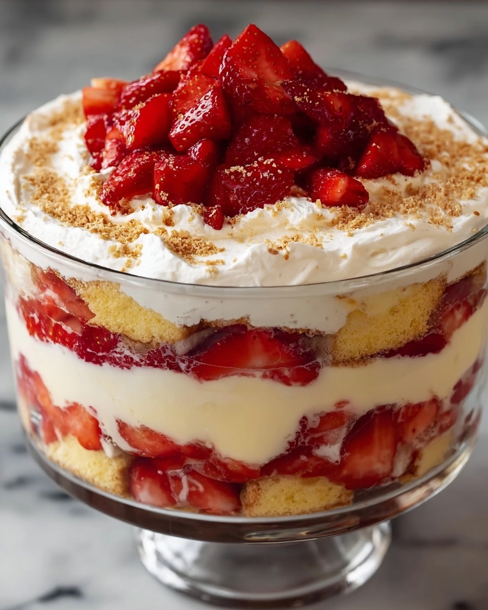 A clear glass bowl filled with a layered strawberry dessert sits on a white marbled surface. The bottom layer consists of light beige sponge cake, topped by a smooth, creamy white layer, followed by a thick layer of bright red strawberry slices and strawberry sauce. This pattern is repeated once more, with visible strawberry pieces pressed against the glass. On top, there is a thick, fluffy white whipped cream layer sprinkled with light brown crumbs and decorated with small white daisy flowers with yellow centers. The dessert is crowned with a large, glossy red strawberry cut into sections and placed upright in the center. Photo taken with an iphone --ar 4:5 --v 7
