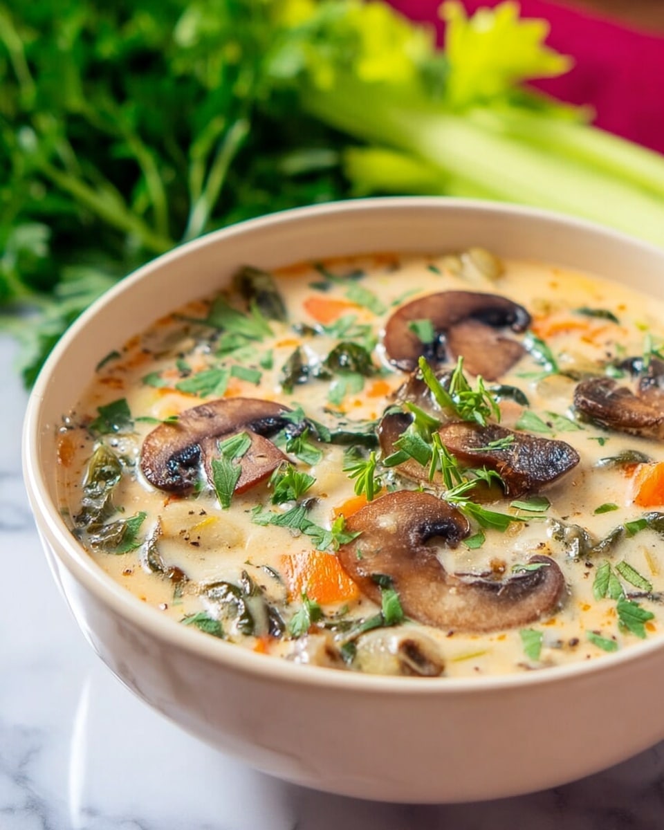 A close-up view of a bowl filled with creamy mushroom soup, showing several sliced brown mushrooms floating on the thick pale beige soup. The soup contains small chunks of white potatoes, orange carrot shreds, and bits of green celery, all mixed in the creamy base. It is garnished with bright green chopped herbs scattered on top. The bowl is white with a red outer coating and sits on a matching red trivet. In the background, there is a whole carrot and leafy greens placed on a white marbled surface. Photo taken with an iphone --ar 4:5 --v 7