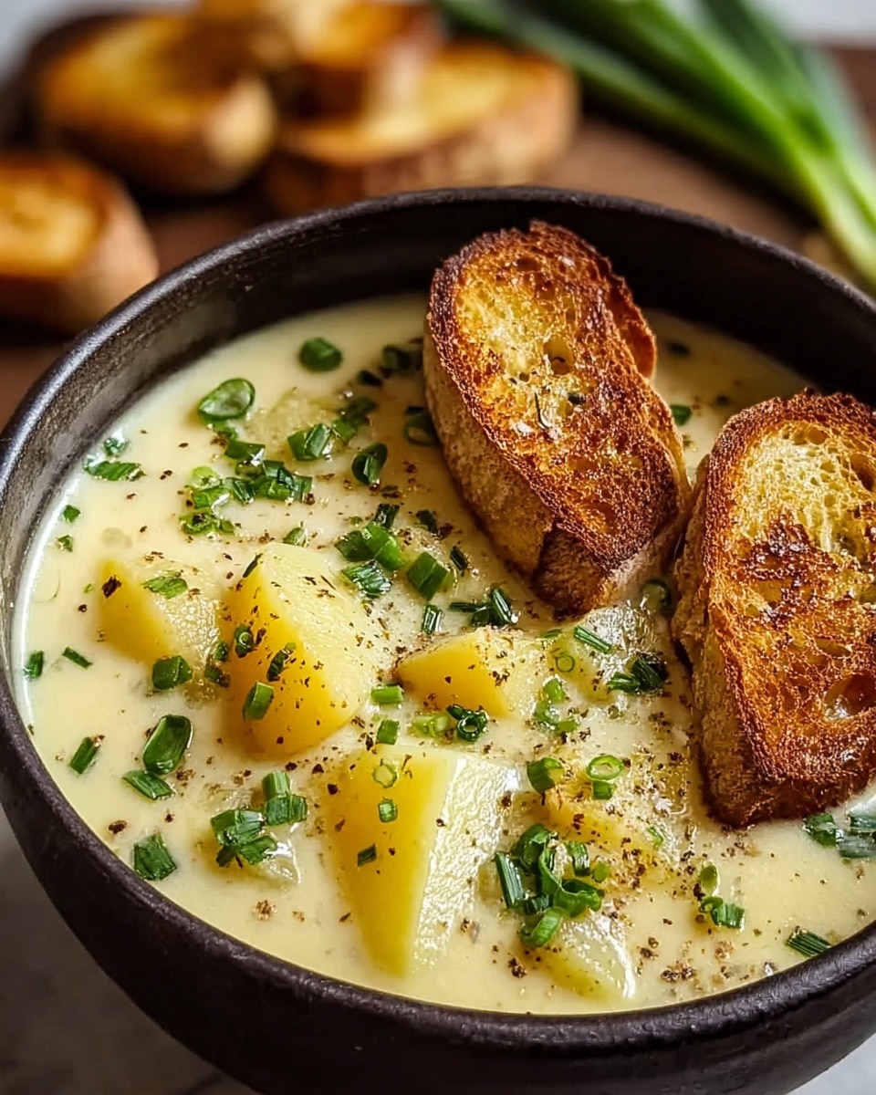 A white bowl filled with creamy yellow soup that has chunks of yellow potatoes and green herbs throughout. There are five pieces of browned toasted bread partially resting on the bowl's edge and laying beside it. A few green onion stalks lie diagonally next to the bowl on a white marbled surface. The soup looks thick and smooth with visible specks of pepper and herbs. Photo taken with an iphone --ar 4:5 --v 7