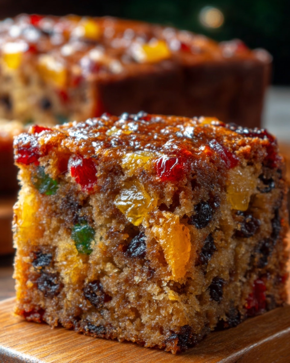 A close-up view of a thick slice of fruitcake showing three visible layers: the bottom layer is dense and brown with small dark raisins, the middle layer has chunks of yellow and orange candied fruits mixed within, and the top layer has a shiny, slightly rough texture with more small pieces of red and green candied fruits. The cake sits on a wooden surface, with another blurred slice of fruitcake in the background. The lighting highlights the moist texture and colorful pieces inside the cake. Photo taken with an iphone --ar 4:5 --v 7
