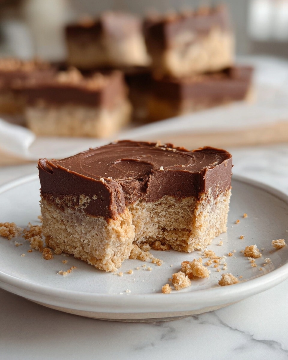A square dessert is placed on a white plate, showing three thick layers. The top and bottom layers are light brown and look soft and crumbly like a cake or cookie. The middle layer is a darker brown, creamy and smooth, probably chocolate frosting, with another thin top layer of the same creamy texture. Behind the plate, there is more of the dessert laid on torn parchment paper, resting on a white marbled surface with a blurred white decorative object nearby. The overall look is simple and homemade. photo taken with an iphone --ar 4:5 --v 7