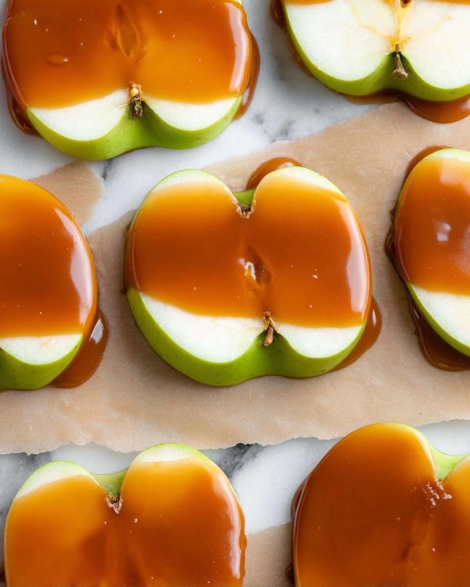 The image shows several apple slices arranged on parchment paper placed over a white marbled surface. Each apple slice has two distinct layers: the bottom layer is a fresh apple piece with green skin and white flesh, and the top layer is a thick, smooth caramel coating that covers about half of the apple slice, blending slightly onto the apple flesh. The caramel is a rich, glossy amber tone, and its surface is shiny with a few bubbles and a slight drip at the edges. The apple slices are neatly spaced in rows, with some slices showing the natural apple core line. photo taken with an iphone --ar 4:5 --v 7