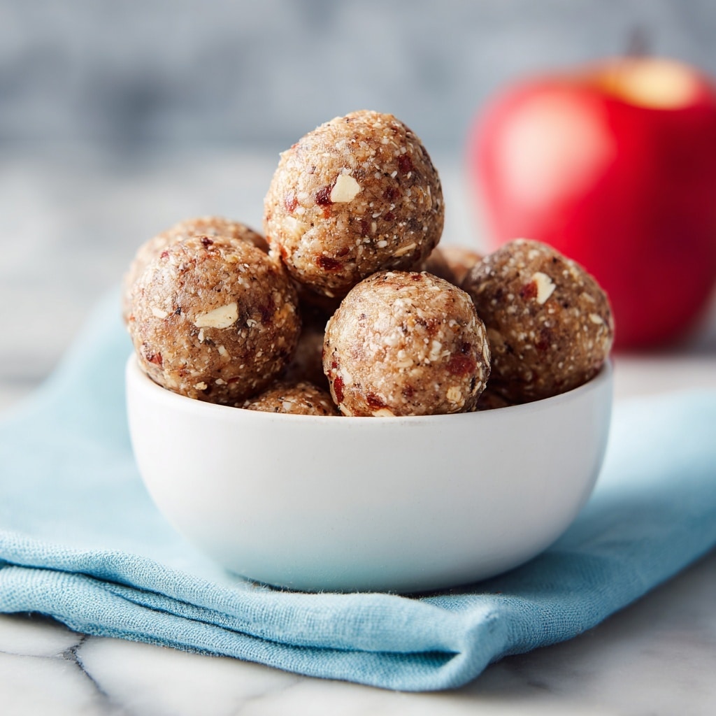 A white bowl filled with round energy balls that have a rough texture, showing bits of oats and nuts in a light brown color. The bowl is placed on a light blue cloth and rests on a white marbled surface. A red apple is blurred in the background. The energy balls fill the bowl in two layers, with some on the bottom and others stacked on top, all closely packed photo taken with an iphone --ar 4:5 --v 7