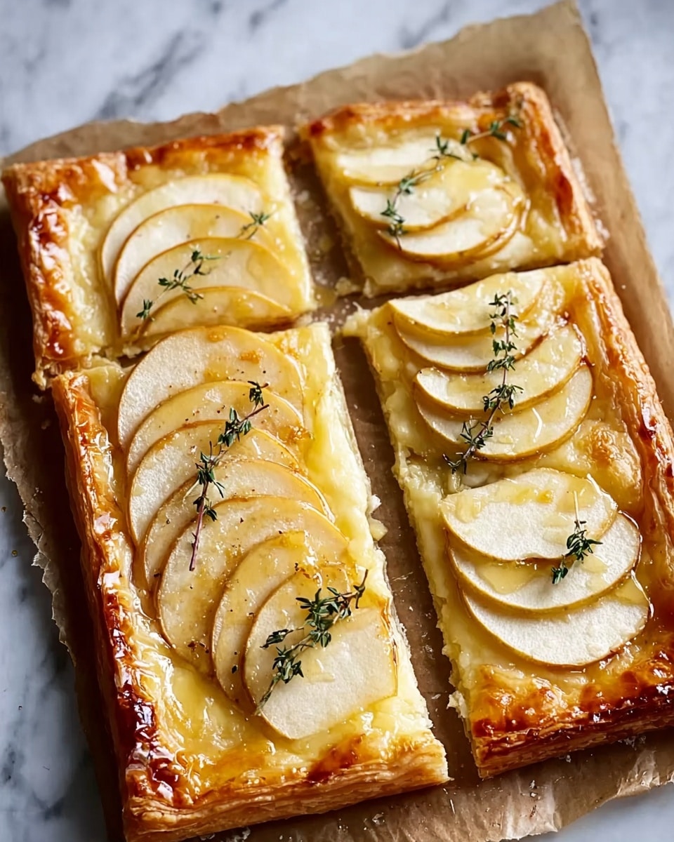 The image shows a close-up of a square pizza cut into four pieces, each topped with thinly sliced golden-brown pears neatly arranged in overlapping layers on a crispy, light golden crust. Beneath the pears, a layer of melted cheese creates a creamy, slightly bubbly texture, and small green herb sprigs are scattered on top for a fresh touch. The pizza rests on a white surface with a marbled texture. Photo taken with an iphone --ar 4:5 --v 7