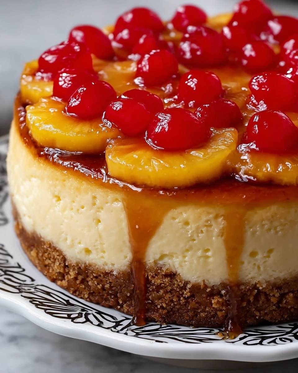 A close-up of a three-layered cheesecake on a white plate with black patterns. The bottom layer is a thick, crumbly, brown crust. The middle layer is a smooth, creamy, pale yellow cheesecake that looks dense and soft. The top layer has glossy caramelized pineapple rings arranged in a circle, covered by shiny, bright red maraschino cherries spread evenly over the pineapple. The cheesecake has some caramel sauce dripping slightly down the sides, and everything is set against a white marbled surface. photo taken with an iphone --ar 4:5 --v 7