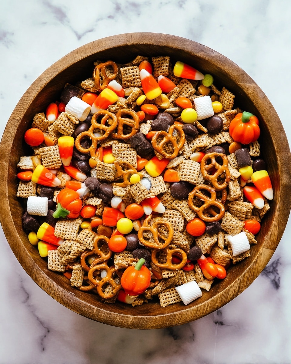 A round wooden bowl filled with a colorful snack mix sits on a white marbled surface. The mix has crunchy honey cereal pieces in light brown, mini pretzels in gold, white, and dark chocolate coatings, as well as candy corn in orange, yellow, and white. Bright orange and green pumpkin-shaped candies and small round chocolate-coated candies in orange, yellow, and dark brown are scattered throughout. The mix creates a rich texture with many small pieces layered together. Photo taken with an iphone --ar 4:5 --v 7