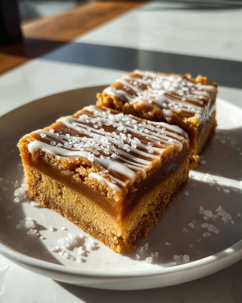 Two square dessert bars with three distinct layers sit on a white plate placed on a white marbled surface. The bottom layer is a dense, golden-brown crust with a slightly crumbly texture. The middle layer is a thick, smooth caramel-colored filling that looks rich and moist. The top layer is a lighter brown cake-like texture, soft and slightly crumbly, drizzled with thin white icing lines and sprinkled with coarse white sea salt crystals, adding a contrast of texture and shine. The image is taken close up in warm natural light, highlighting the textures and details. Photo taken with an iphone --ar 4:5 --v 7