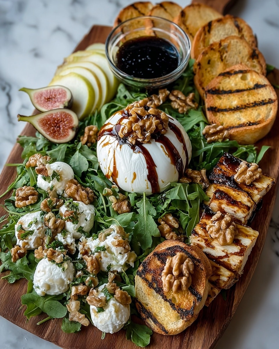 A wooden board holds a rich arrangement starting with a bed of green arugula spread across; at the center is a round white ball of creamy cheese topped with chopped walnuts and drizzled with dark balsamic glaze. Around the cheese are slices of fresh figs, golden and glistening with a sticky dark drizzle, arranged in a line. To one side, toasted slices of crusty bread with a browned, crunchy texture fill half the board. Opposite, there is a mix of crumbly white cheese and walnuts, sprinkled with herbs. Near the top, thin slices of light yellow pear are fanned out with small greens on top. A small white ramekin filled with a dark, rich sauce with visible herbs and spices sits near the center, stirring with a wooden honey dipper. The whole setting rests on a white marbled texture. photo taken with an iphone --ar 4:5 --v 7