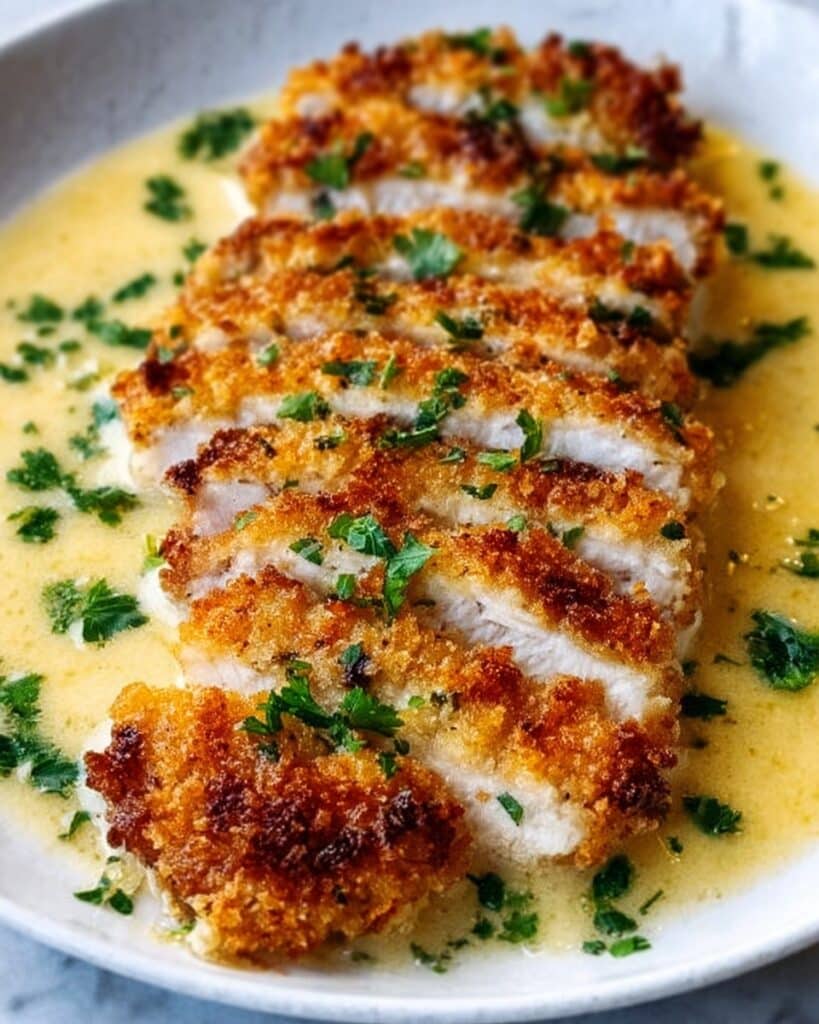 Lemon Parmesan Crusted Chicken with Creamy Garlic Sauce Recipe