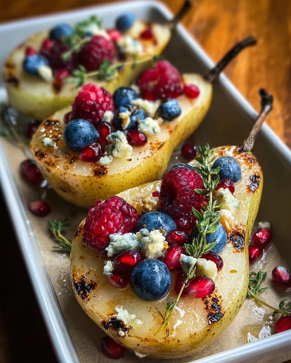 The image shows a halved pear that is grilled with a golden-brown charred outer layer and a soft, pale yellow inside. On top of the pear sits a colorful pile of fresh berries including dark blueberries, bright red cherries, and shiny deep red raspberries. Crumbled pieces of blue cheese add a creamy, white with blue veins texture around the berries. A large walnut piece rests on the very top, adding a brown, rough texture. Small green rosemary leaves are placed carefully as garnish. Several similar pear halves are blurred in the background, all arranged on a white marbled surface. photo taken with an iphone --ar 4:5 --v 7