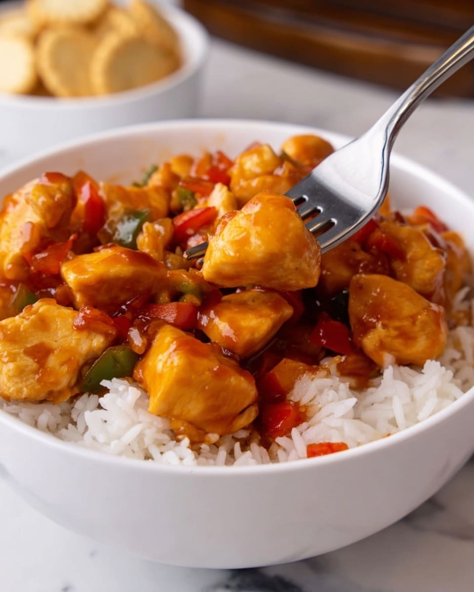 A white bowl filled with two visible layers: the bottom layer is plain white rice with a soft, fluffy texture, and the top layer consists of bite-sized pieces of chicken coated in a shiny, thick, reddish-brown sauce mixed with small chopped red chili peppers and green onion pieces, giving the dish a vibrant look; a white cloth napkin is placed next to the bowl on a white marbled surface. photo taken with an iphone --ar 4:5 --v 7