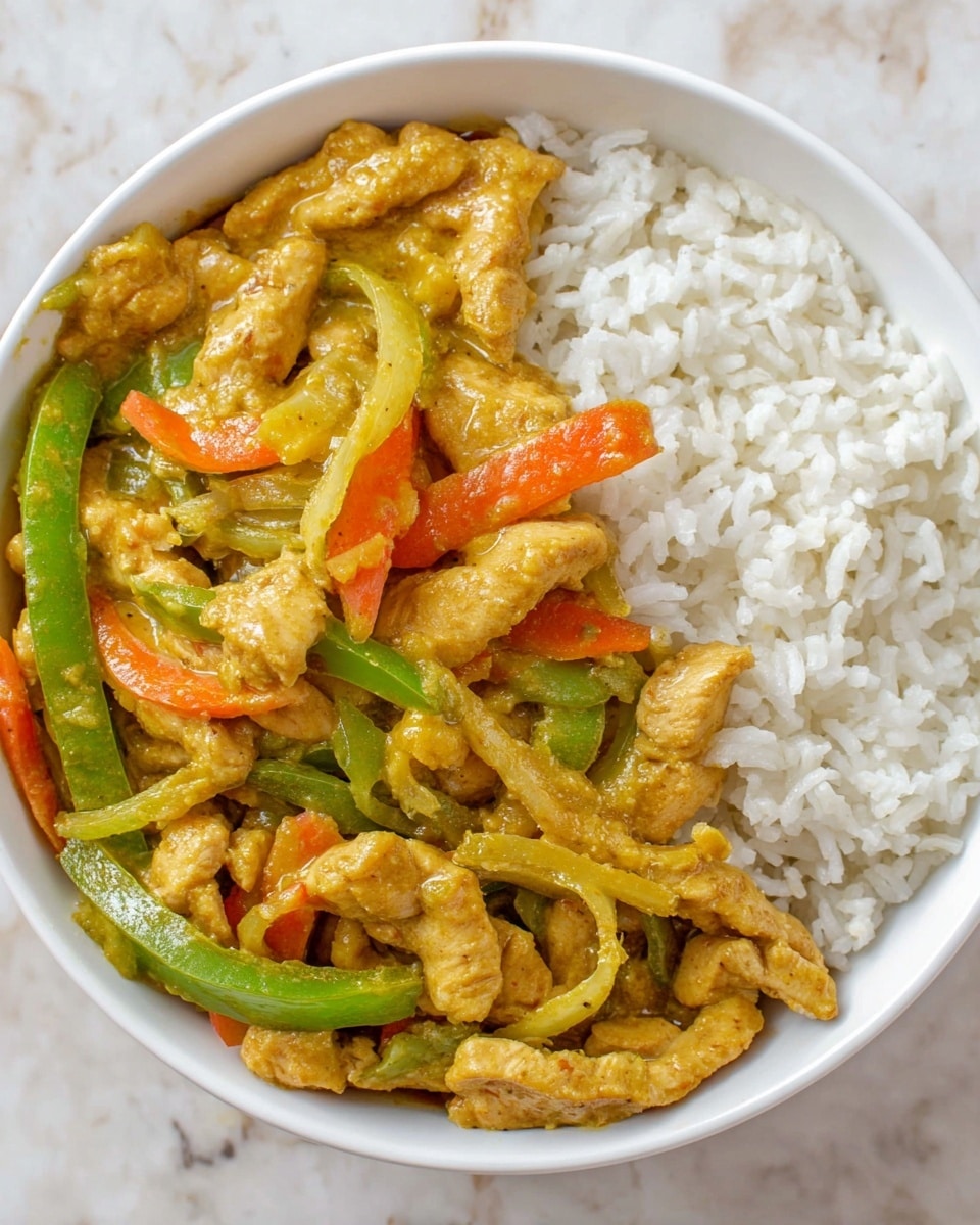 The dish shows a close-up of a stir-fry with a mix of bright green snap peas, orange carrot slices, and golden-brown pieces of tofu or chicken coated in a shiny yellow sauce with a slightly grainy texture. The vegetables and protein are mixed closely together, with the snap peas and carrots cut into thin, long strips sitting alongside thick, irregularly shaped chunks of the main ingredient. Everything looks glossy and well-coated with the sauce. The dish is served in a white bowl against a white marbled background. photo taken with an iphone --ar 4:5 --v 7