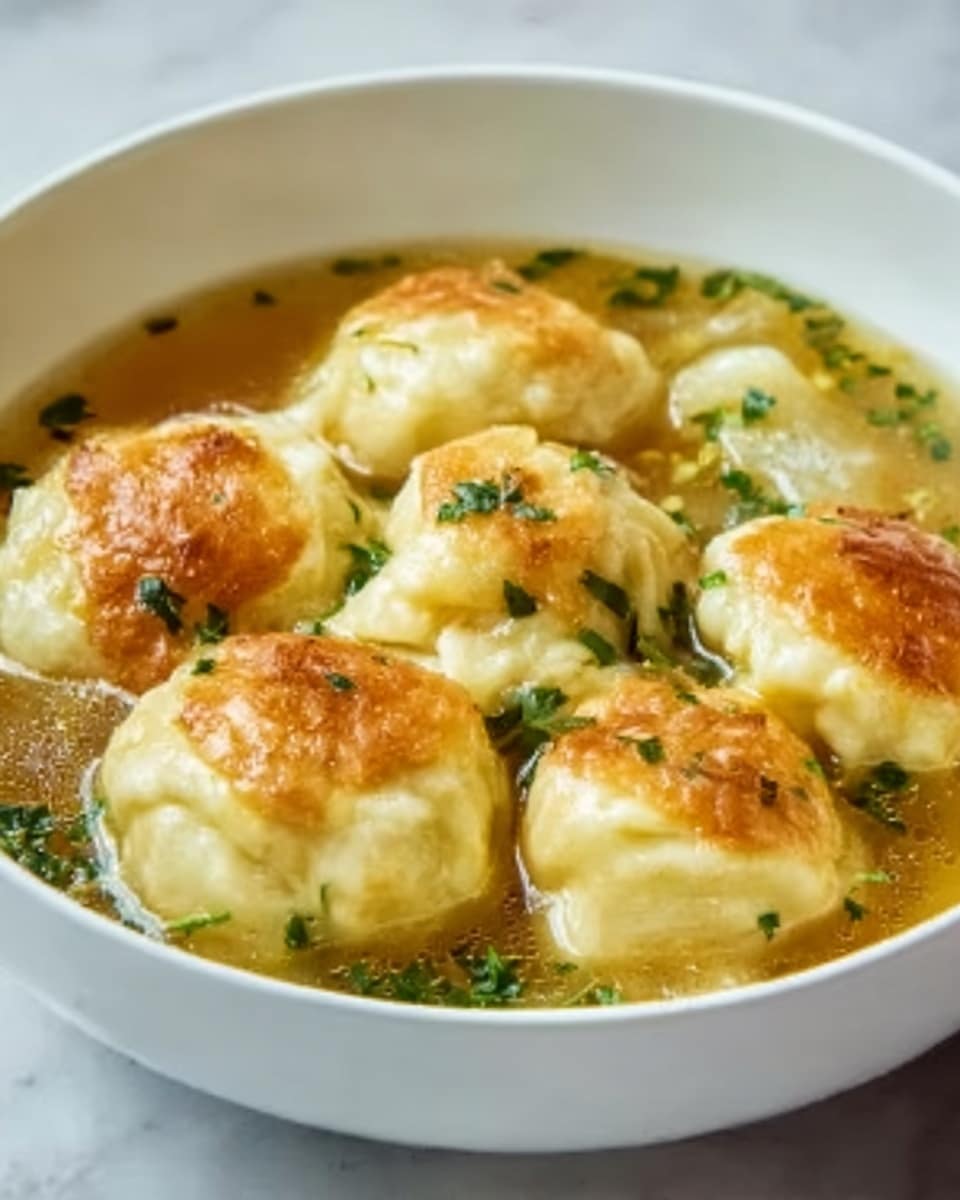 A white bowl filled with a clear, golden broth containing six round, steamed dumplings with a light golden-brown sear on top, each dumpling showing a shiny, slightly wrinkled texture. Among the dumplings, tender, pale green cabbage leaves float in the broth. Small pieces of chopped green herbs are sprinkled on top, adding a fresh touch of color. The broth appears light and soothing with a slight glisten from the liquid. The bowl sits on a white marbled surface. photo taken with an iphone --ar 4:5 --v 7