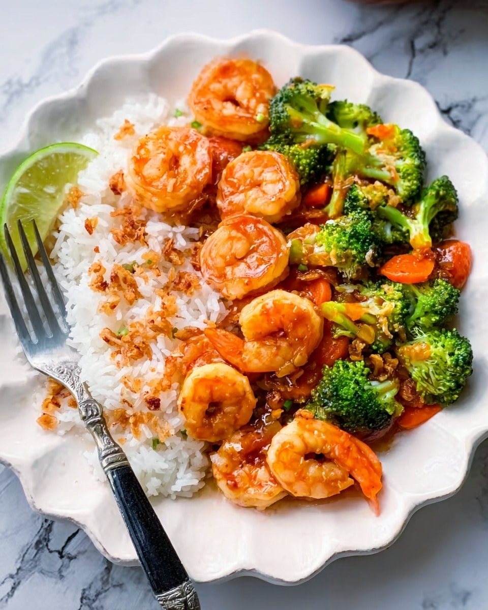 This dish shows a white scalloped-edged plate filled with white rice on the left side. On top of and next to the rice, there are bright orange shrimp coated in a shiny sauce with sliced red chilies and pieces of garlic. On the right side of the plate, there are green broccoli florets mixed with some chopped peanuts and herbs. A wedge of lime sits on the edge of the rice, adding a fresh touch. A silver fork is partly resting on the plate bottom edge. The background features a white marbled surface with some green onions placed to the right side. Photo taken with an iphone --ar 4:5 --v 7