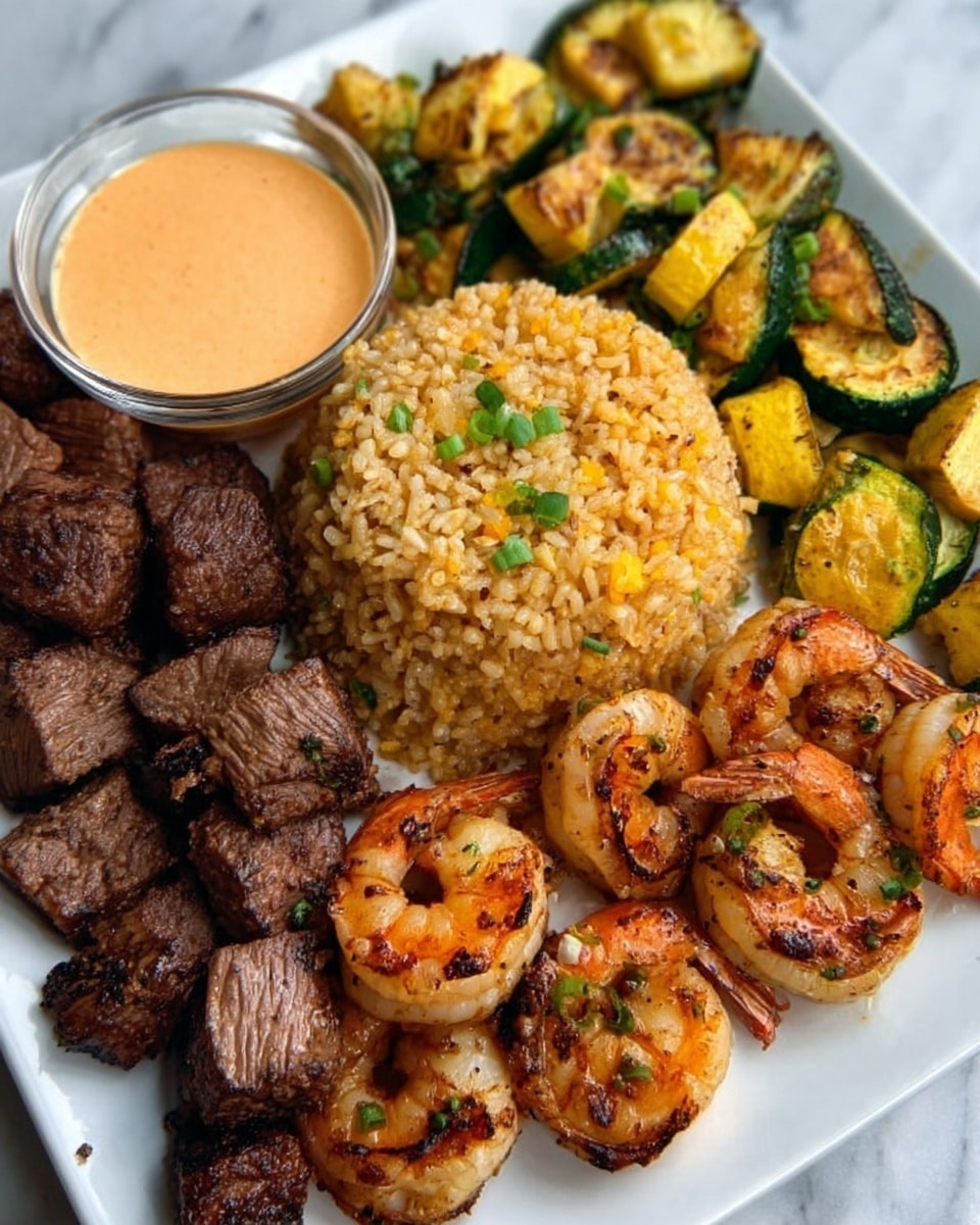 The image shows a white plate holding a colorful meal with four parts. On the lower right, there are eight grilled shrimp with a light char and a golden-brown color arranged in a small cluster. Above them, there are green and yellow grilled zucchini slices mixed with some yellow squash, giving a fresh, vibrant mix. To the upper right center, there is a mound of light brown fried rice with small bits of green herbs and egg scattered inside. On the left side of the plate, there are dark brown grilled beef cubes that look juicy and well-seasoned. Next to them is a small clear bowl filled with creamy orange sauce. The plate rests on a white marbled surface. Photo taken with an iphone --ar 4:5 --v 7