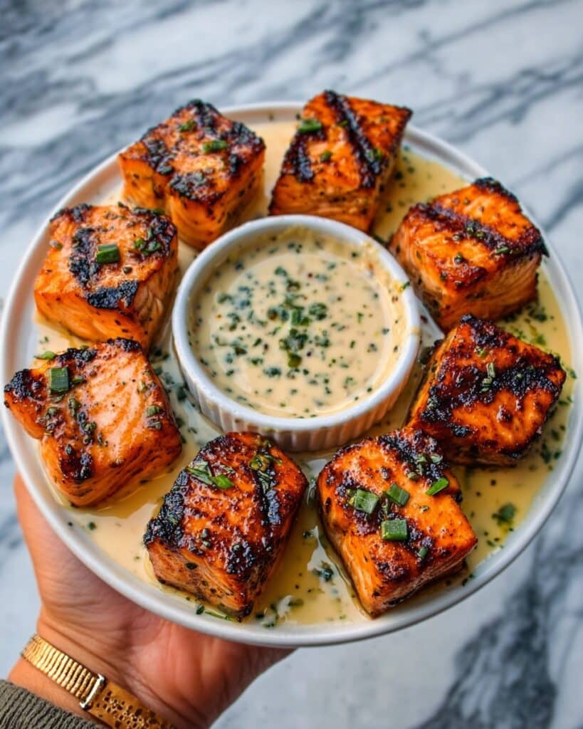 Spicy BBQ Salmon Bites with Creamy Blue Cheese Dip Recipe