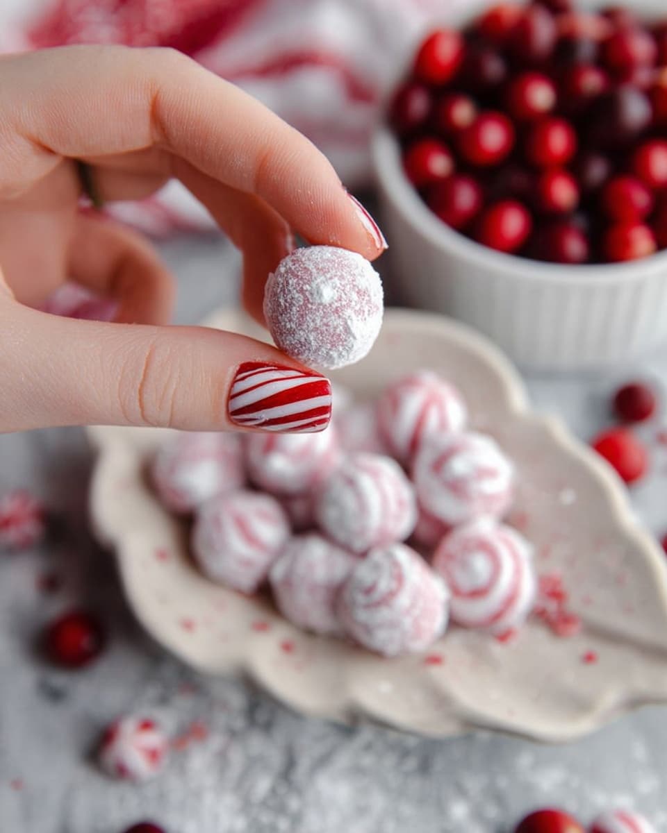 An oval white bowl filled with many small, round red cranberries covered in a thick layer of white powdered sugar, making them look frosty and slightly clumped together. Some powdered sugar is lightly scattered around the bowl on a white marbled surface, adding to the wintry feel. The cranberries shine a little under soft light, showing their smooth texture through the sugar. photo taken with an iphone --ar 4:5 --v 7