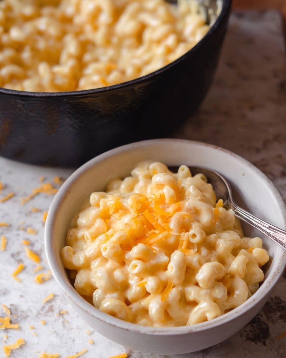 The image shows a close-up of creamy macaroni and cheese served in a white bowl with a spoon partially inside. The pasta is elbow-shaped, covered in smooth, pale yellow cheese sauce with small pieces of shredded orange cheese sprinkled on top. Behind the bowl, there is a black pot filled with the same macaroni and cheese. Both items are placed on a white marbled textured surface. Photo taken with an iphone --ar 4:5 --v 7