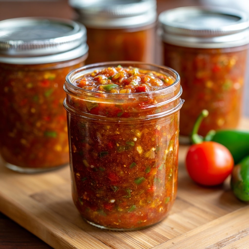A clear glass jar filled to the top with thick salsa, showing a rich mix of red tomato pieces, green peppers, and bits of onion, all blended into a chunky, textured sauce. In the background, there are more jars filled similarly with salsa, some with silver lids resting beside them. The jars stand on a smooth wooden surface, while a small green pepper and a ripe red tomato add pops of color near the jars. The overall look is fresh and homemade. Photo taken with an iphone --ar 4:5 --v 7