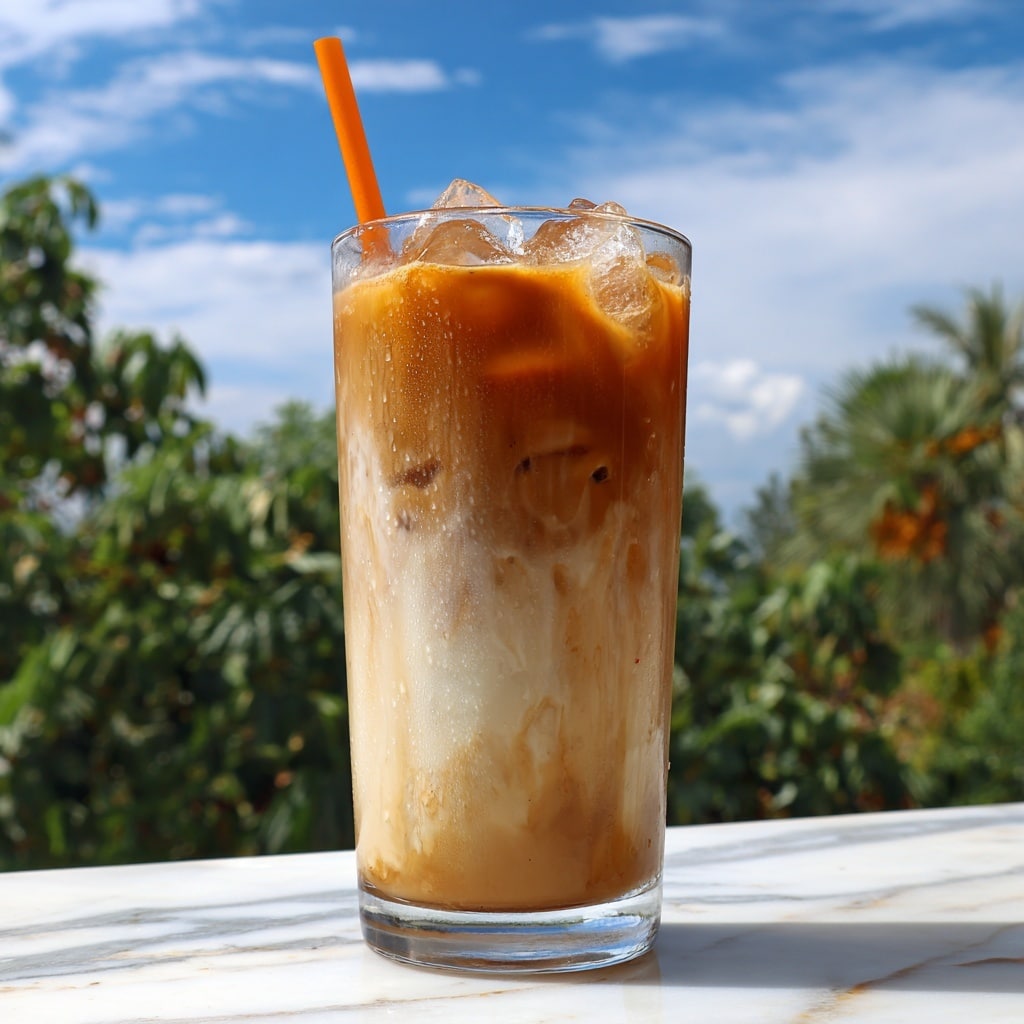 The image shows a clear tall glass filled with iced coffee, with visible layers of milk and coffee blending together in soft brown and creamy white colors. Ice cubes float near the top and through the middle, giving a cold, refreshing feel. A thin orange straw is placed inside the glass, slightly tilted to the side. The background shows a mix of green trees and a blue sky with clouds, contrasting with the white marbled surface beneath the glass. photo taken with an iphone --ar 4:5 --v 7