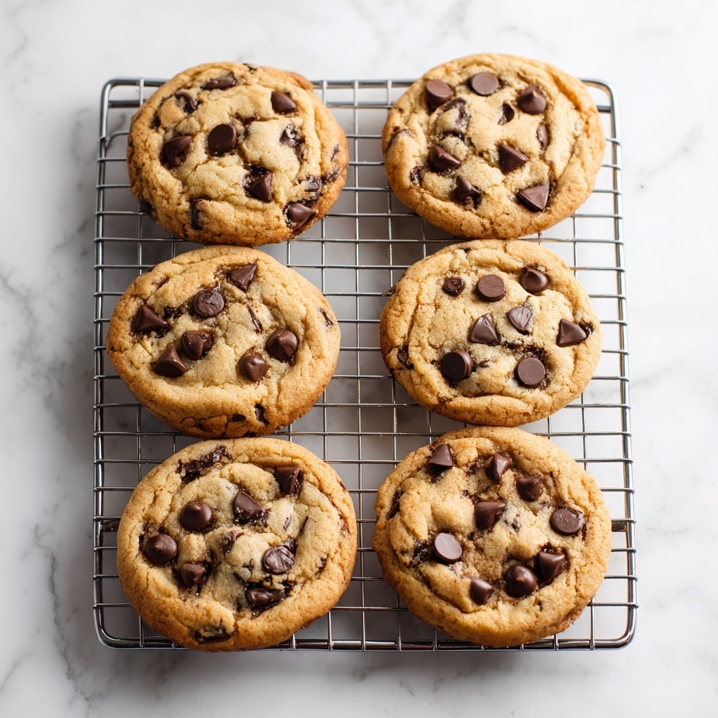 A stack of four thick chocolate chip cookies with a golden-brown texture sits on a metal cooling rack. The top cookie is broken in half, showing a soft, chewy inside filled with dark chocolate chips. The cookies are round, slightly uneven with a crisp edge and a tender center. The background has a blurred white marbled surface, and there are a few scattered chocolate chips and crumbs around the stack. photo taken with an iphone --ar 4:5 --v 7