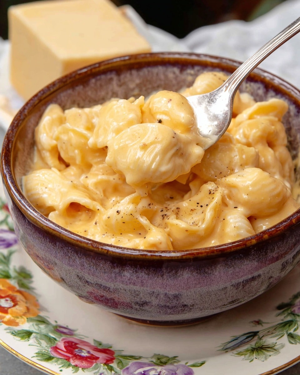 This image shows a bowl filled with creamy macaroni and cheese. The dish has one main layer of shell pasta coated in thick, smooth, and bright orange cheese sauce. The pasta shells are soft and slightly glossy, with some melted cheese strands stretching onto the spoon which is scooping up a portion of the pasta from the top. The bowl is rustic brown with a slightly rough texture and placed on a white plate that has colorful floral patterns around the edges. The background features a soft, neutral fabric and blurred kitchen items on a white marbled surface. Photo taken with an iphone --ar 4:5 --v 7