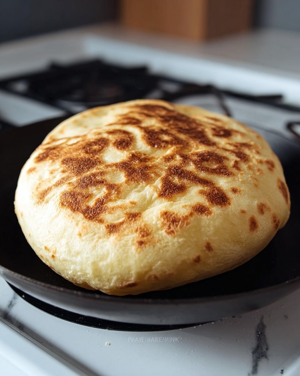 A single round, puffed bread sits on a black cooking pan with a white marbled stove background. The bread is golden brown with uneven toasted spots on its smooth, slightly puffy surface, showing air bubbles underneath that give it a light and airy texture. The bread has a thick, puffy layer and looks soft and fresh, slightly raised from the pan. Photo taken with an iphone --ar 4:5 --v 7