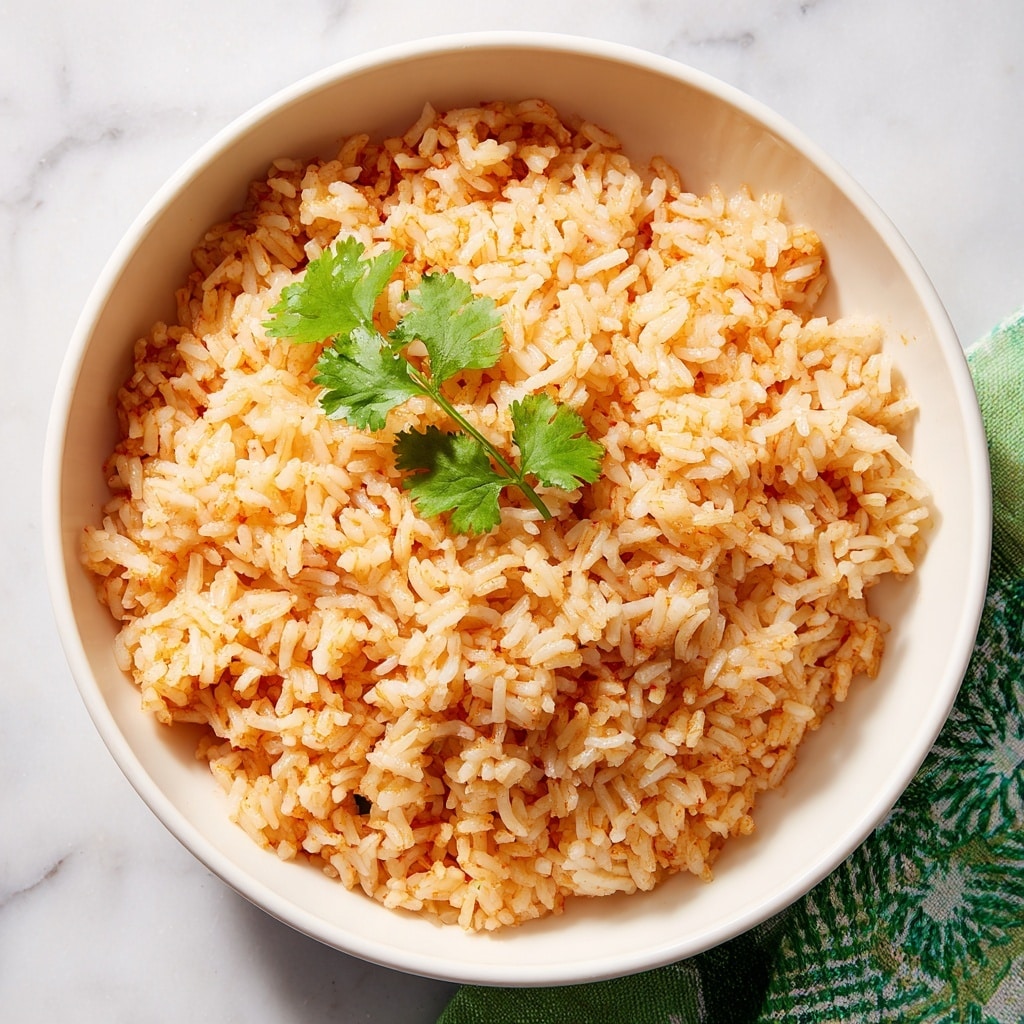 A close-up image of a bowl filled with fluffy, orange-colored rice where each grain is well separated and lightly coated, topped with a small bunch of fresh green cilantro leaves placed in the center. The white bowl sits on a white marbled surface with a green cloth featuring white circular patterns underneath. The rice has a soft texture and appears steamy and warm. Photo taken with an iphone --ar 4:5 --v 7