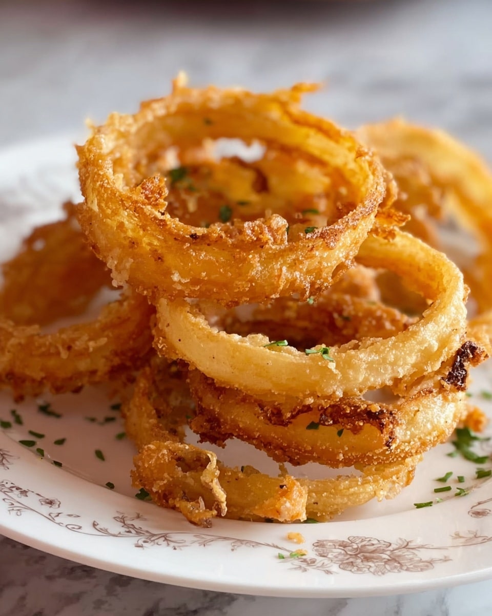 A close-up of a pile of crispy golden-brown onion rings stacked loosely on a white plate with delicate floral patterns. The onion rings have a crunchy, textured batter with some edges darker and crispier than others. Small green herb pieces are sprinkled sparsely over the rings and plate, adding a fresh touch. The plate rests on a white marbled surface. photo taken with an iphone --ar 4:5 --v 7