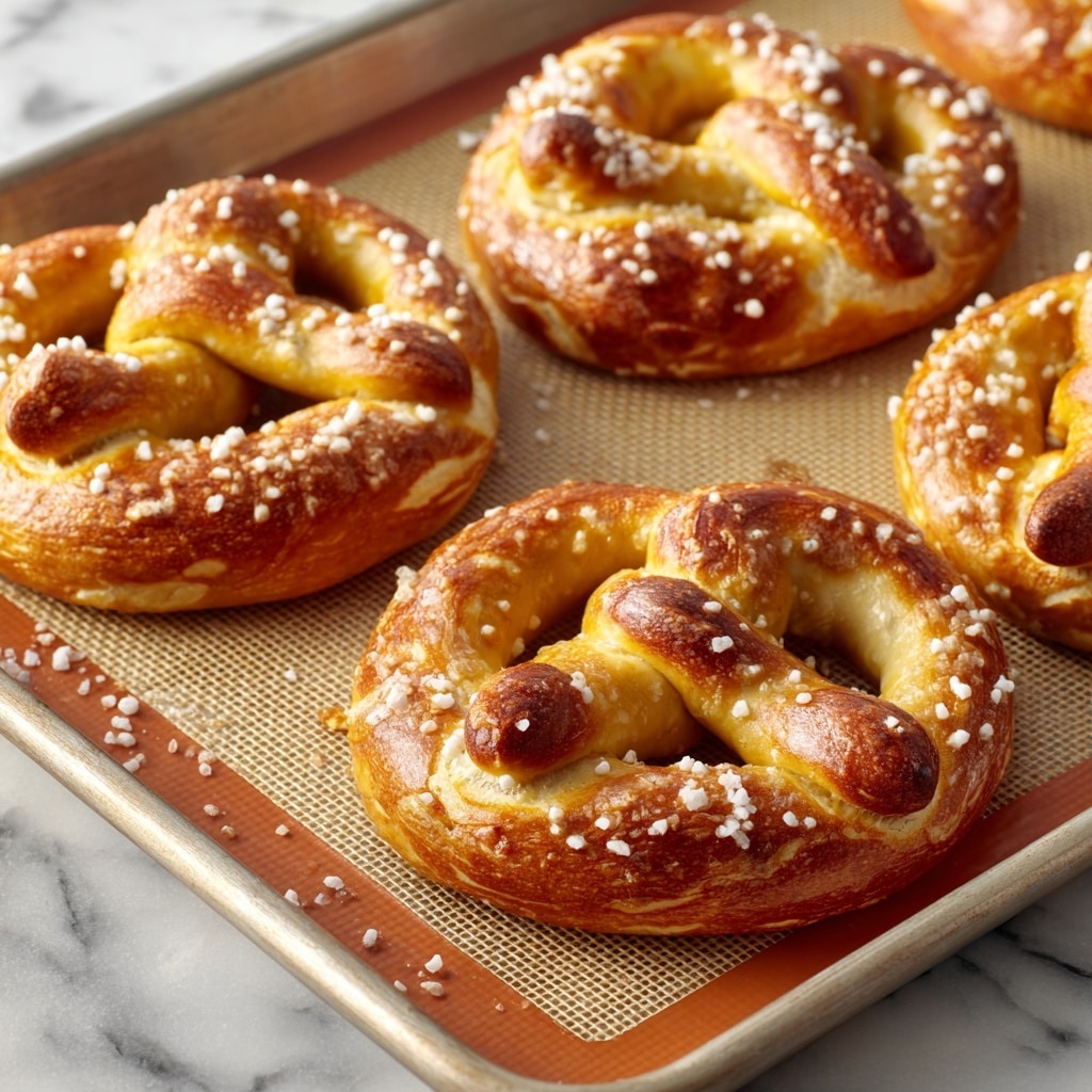 The image shows a close-up of five golden-brown soft pretzels with thick salt crystals sprinkled on top, arranged neatly on a baking tray lined with an orange-bordered silicone baking mat. The pretzels are twisted in the classic knot shape, with a shiny, smooth surface that looks slightly crispy on the edges and soft inside. The tray is metal and rests on a white marbled texture surface. Scattered salt granules are visible on the mat and tray edges, adding extra texture to the scene. Photo taken with an iphone --ar 4:5 --v 7