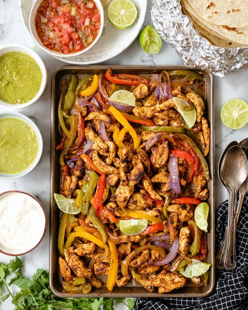 A large baking tray filled with several layers of cooked fajita chicken strips seasoned with visible spices, mixed with sautéed green, red, and yellow bell pepper strips and purple onion slices, all slightly charred and glossy. Lime slices are scattered on top for garnish, adding a fresh light green color. To the left are three white bowls containing green sauce, red salsa, and white sour cream, and above is a stack of tortillas wrapped partly in foil. Fresh green cilantro leaves are seen on the white marbled surface around the tray, with two silver spoons on a black and white checkered cloth to the right. Photo taken with an iphone --ar 4:5 --v 7