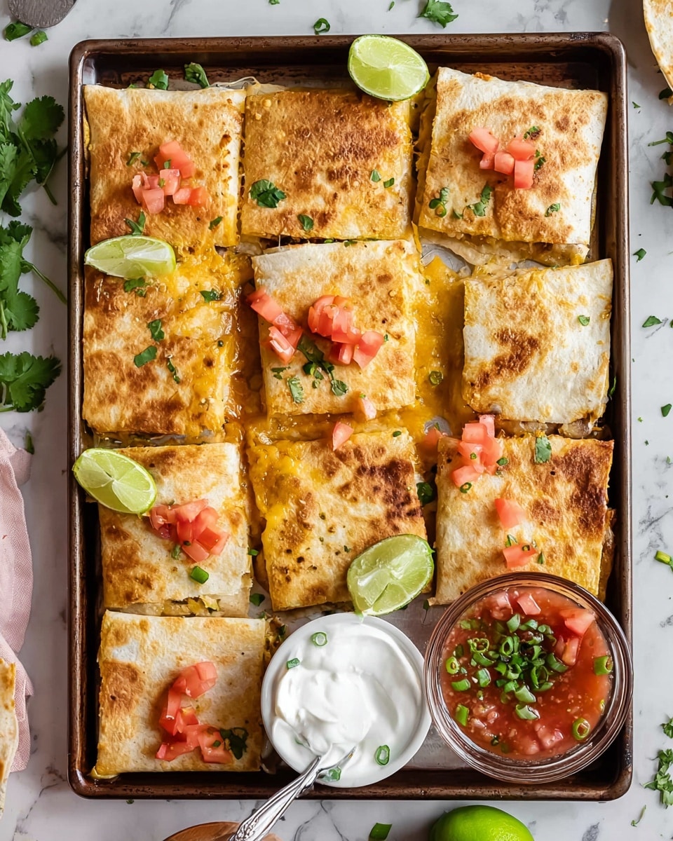 The image shows a large rectangular tray holding nine square pieces of golden brown quesadillas made with lightly toasted tortillas on top and bottom. The quesadillas are filled with melted cheese visible at the edges. On top of the quesadillas are scattered small pieces of red tomato and green cilantro leaves. Two lime halves rest on the tray as garnish, one whole in the center and one cut placed on top of a slice in the corner. A small white bowl filled with sour cream and chopped green onions with a spoon sits at the bottom center of the tray, and a clear glass bowl of red salsa with green onions and a spoon is placed near the top right. The tray is set on a white marbled surface with some cilantro and tomato pieces scattered around. Photo taken with an iphone --ar 4:5 --v 7
